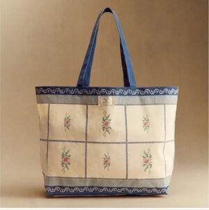 Sezane Floral Canvas Tote Bag - Blue and Cream